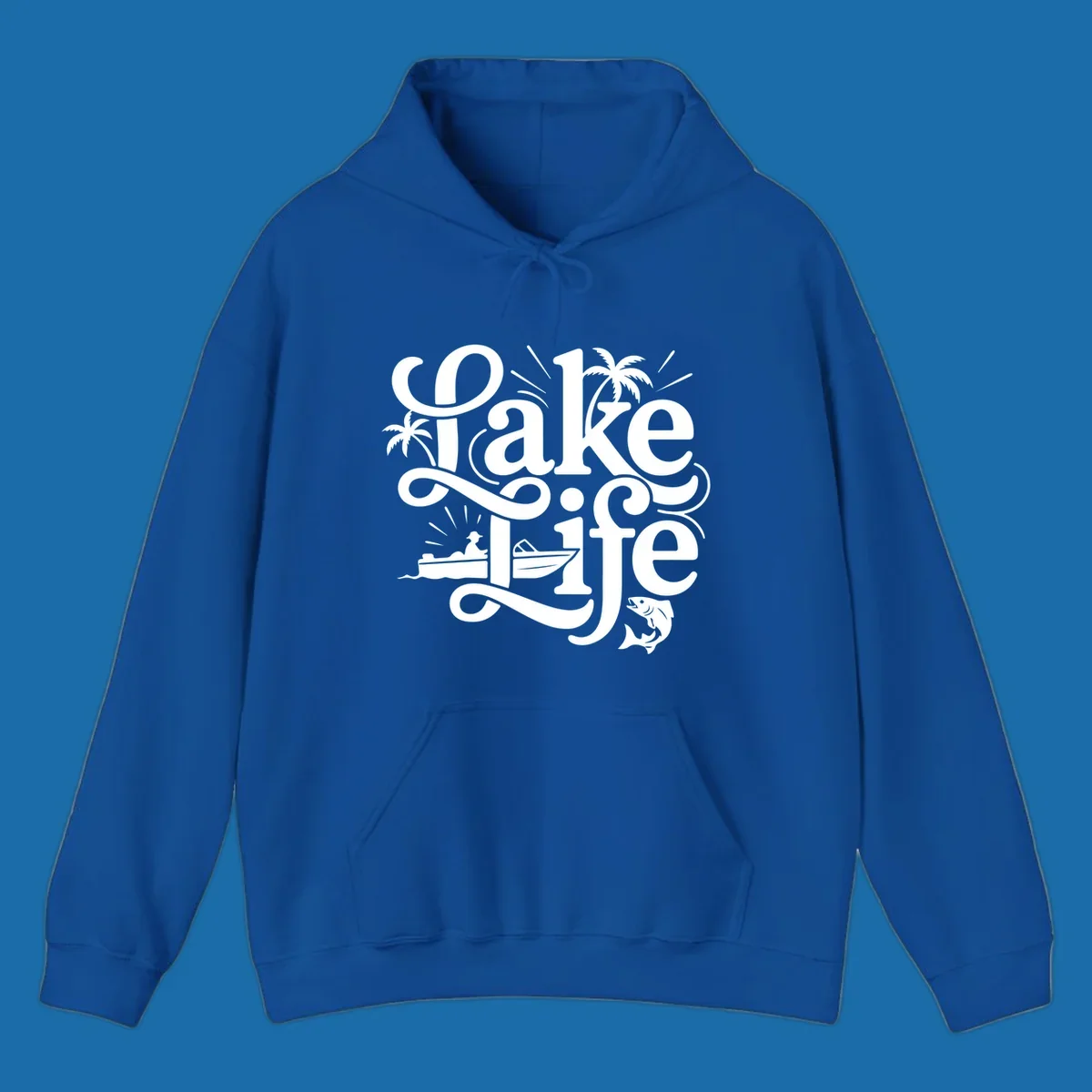 Lake Life typography with illustrations of boats, fish, and palm trees.
