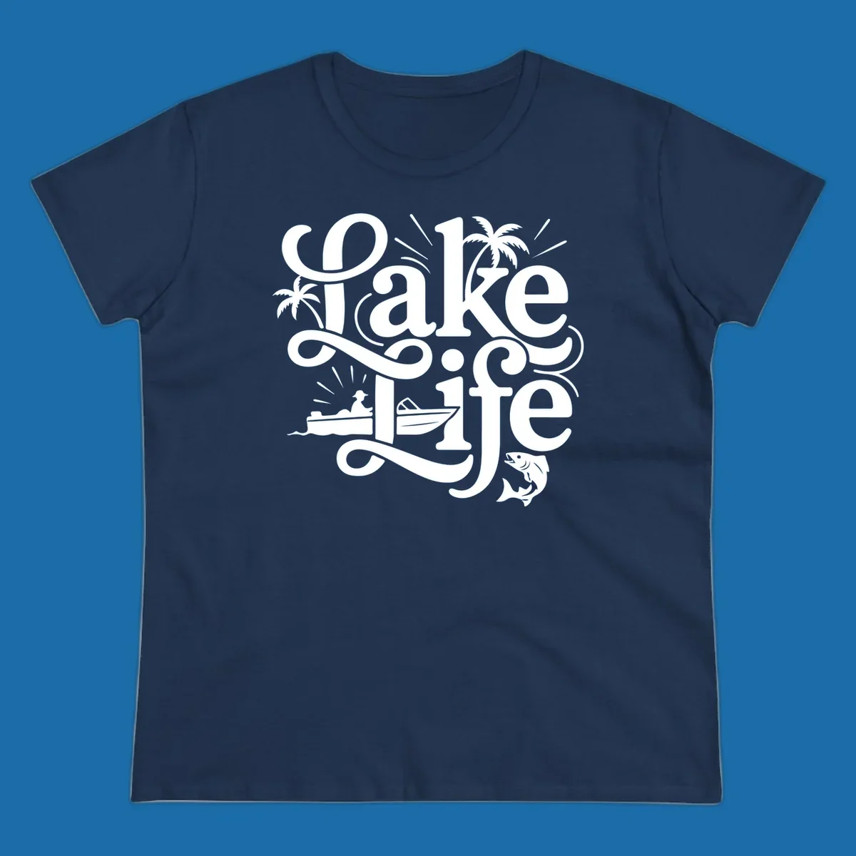 Lake Life typography with illustrations of boats, fish, and palm trees.