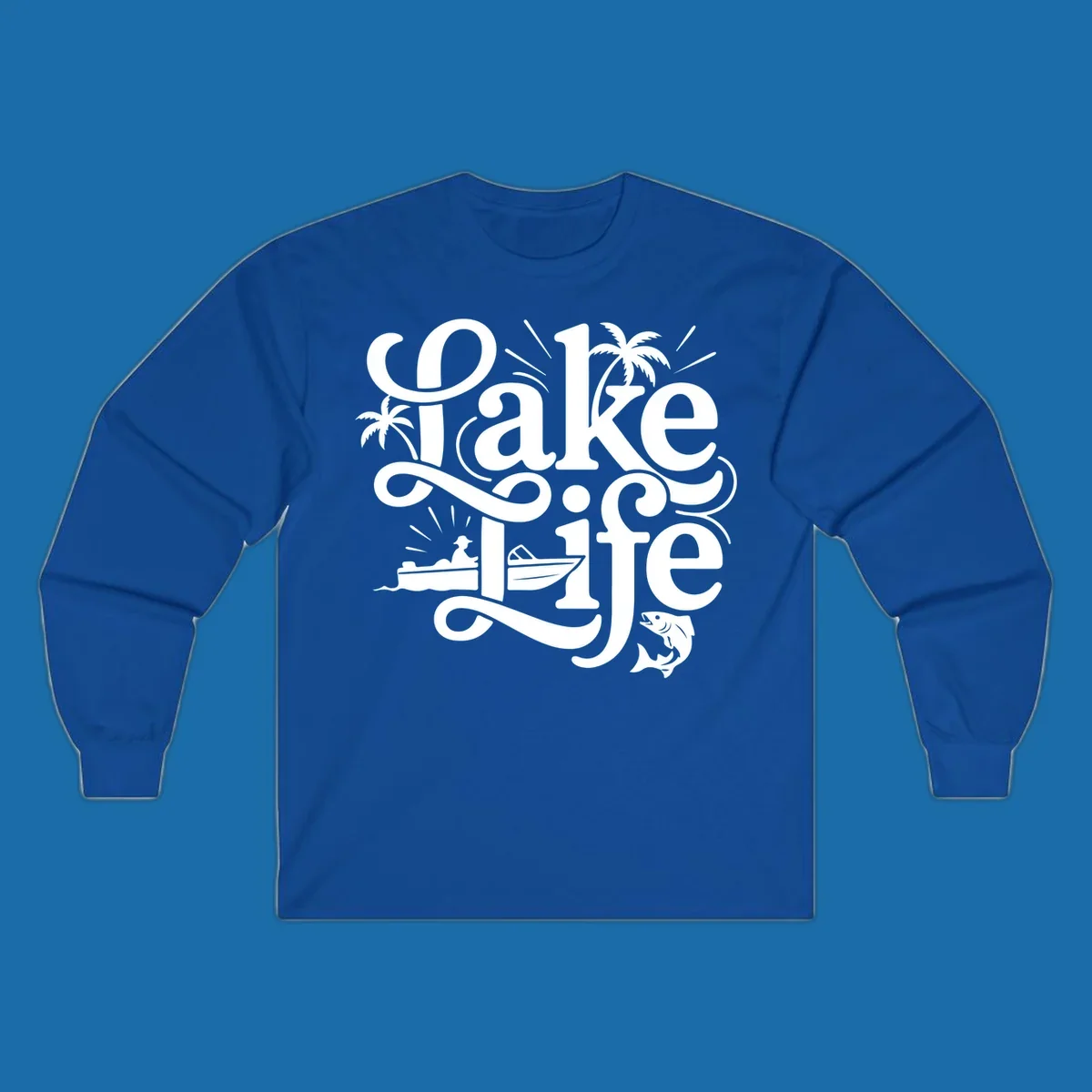 Lake Life typography with illustrations of boats, fish, and palm trees.