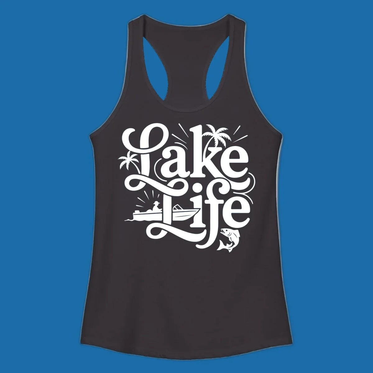 Lake Life typography with illustrations of boats, fish, and palm trees.
