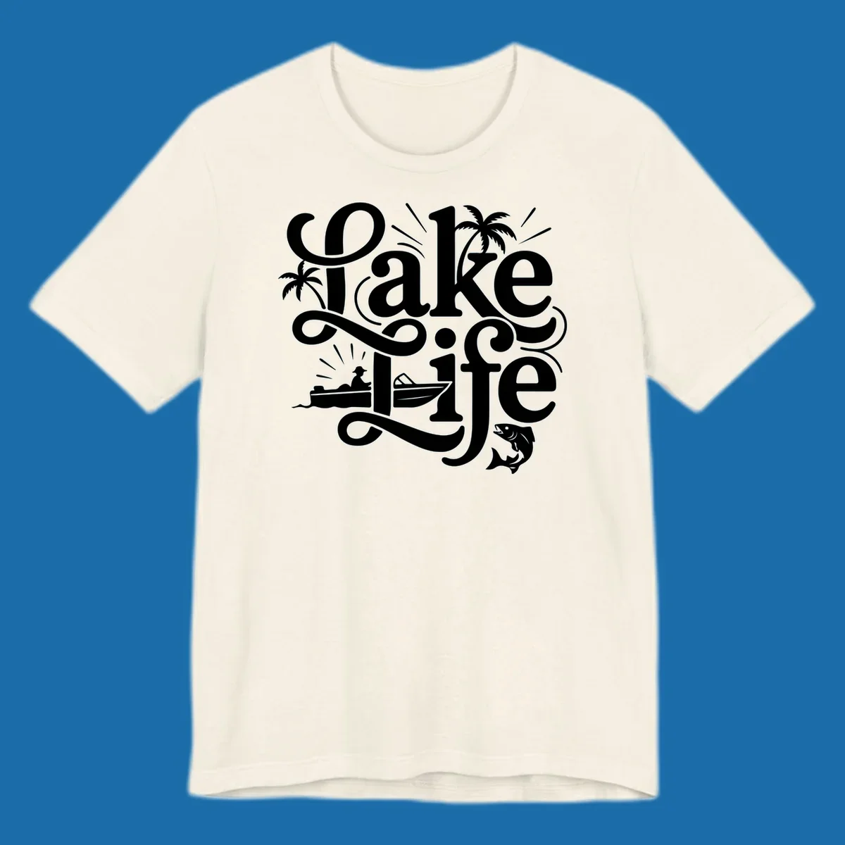 Lake Life typography with illustrations of boats, fish, and palm trees.