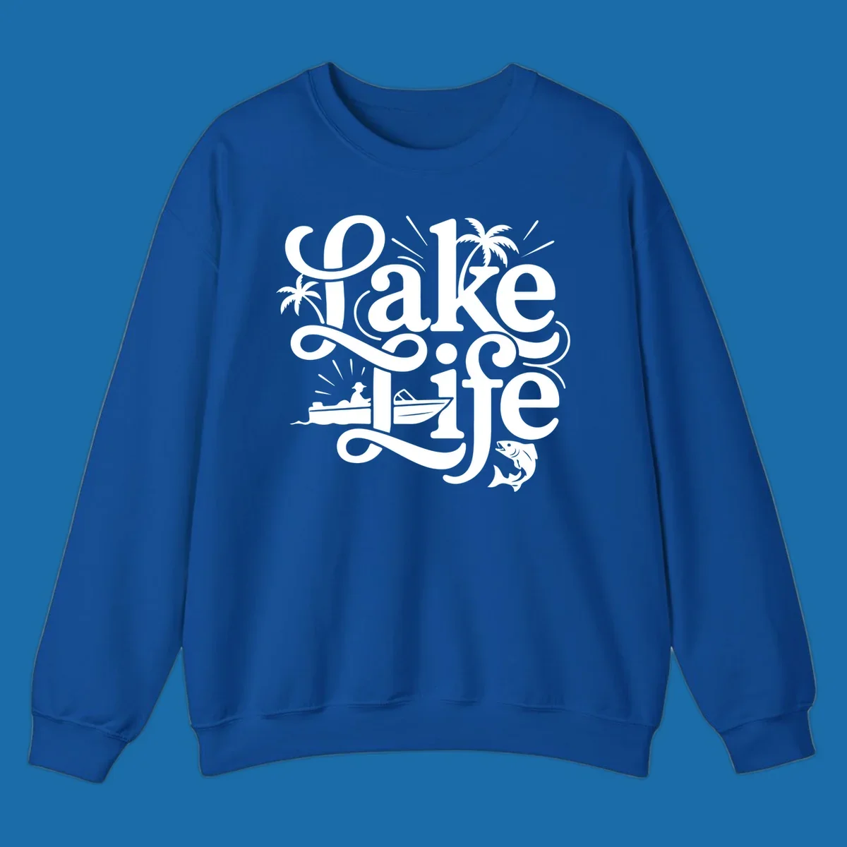 Lake Life typography with illustrations of boats, fish, and palm trees.