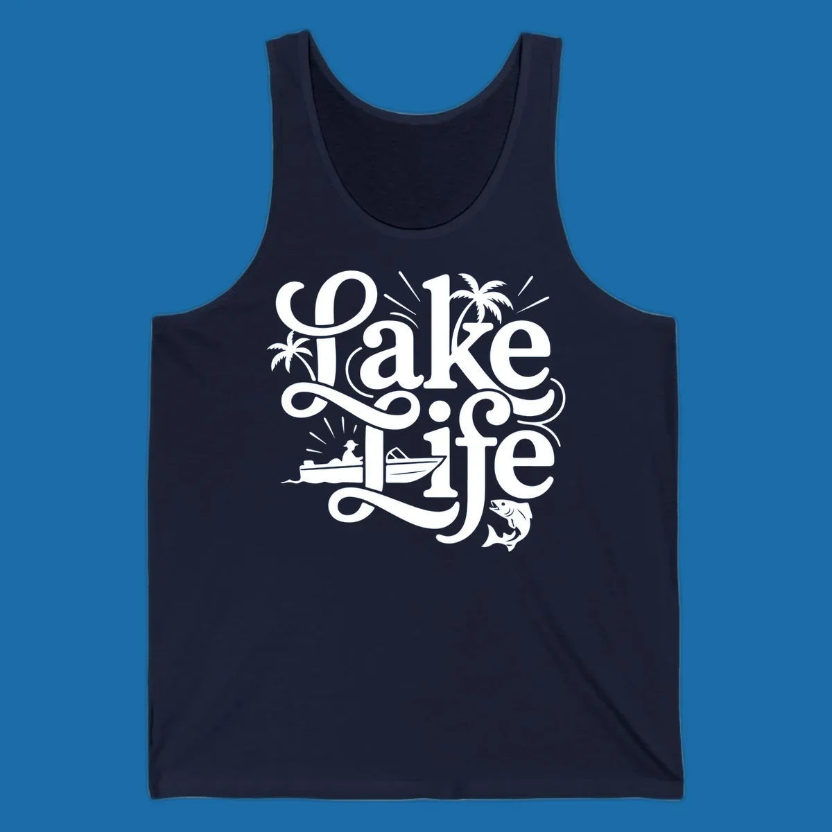 Lake Life typography with illustrations of boats, fish, and palm trees.