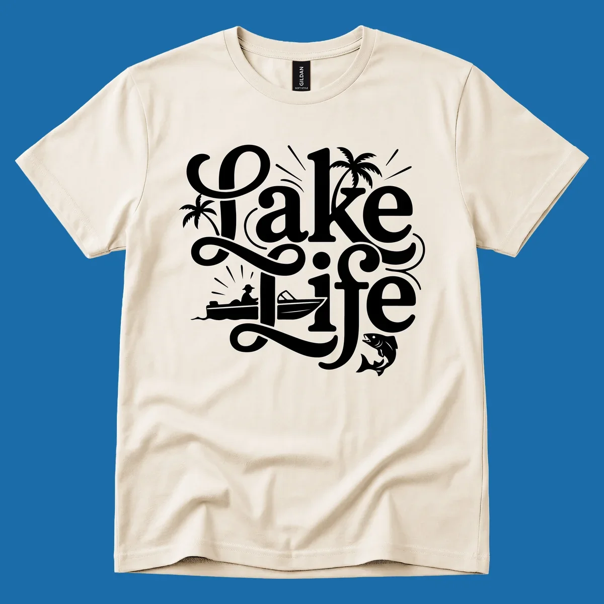Lake Life typography with illustrations of boats, fish, and palm trees.