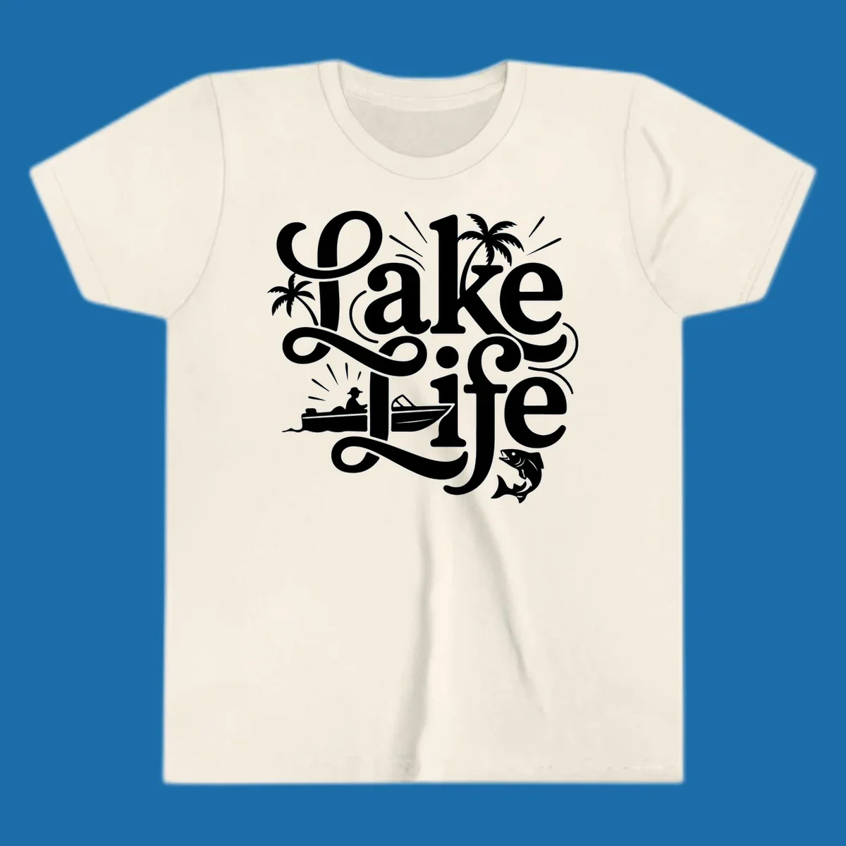 Lake Life typography with illustrations of boats, fish, and palm trees.