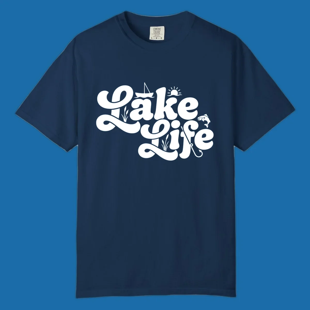 Retro Lake Life script design featuring a sailboat, sun, fish, and fishing hook.