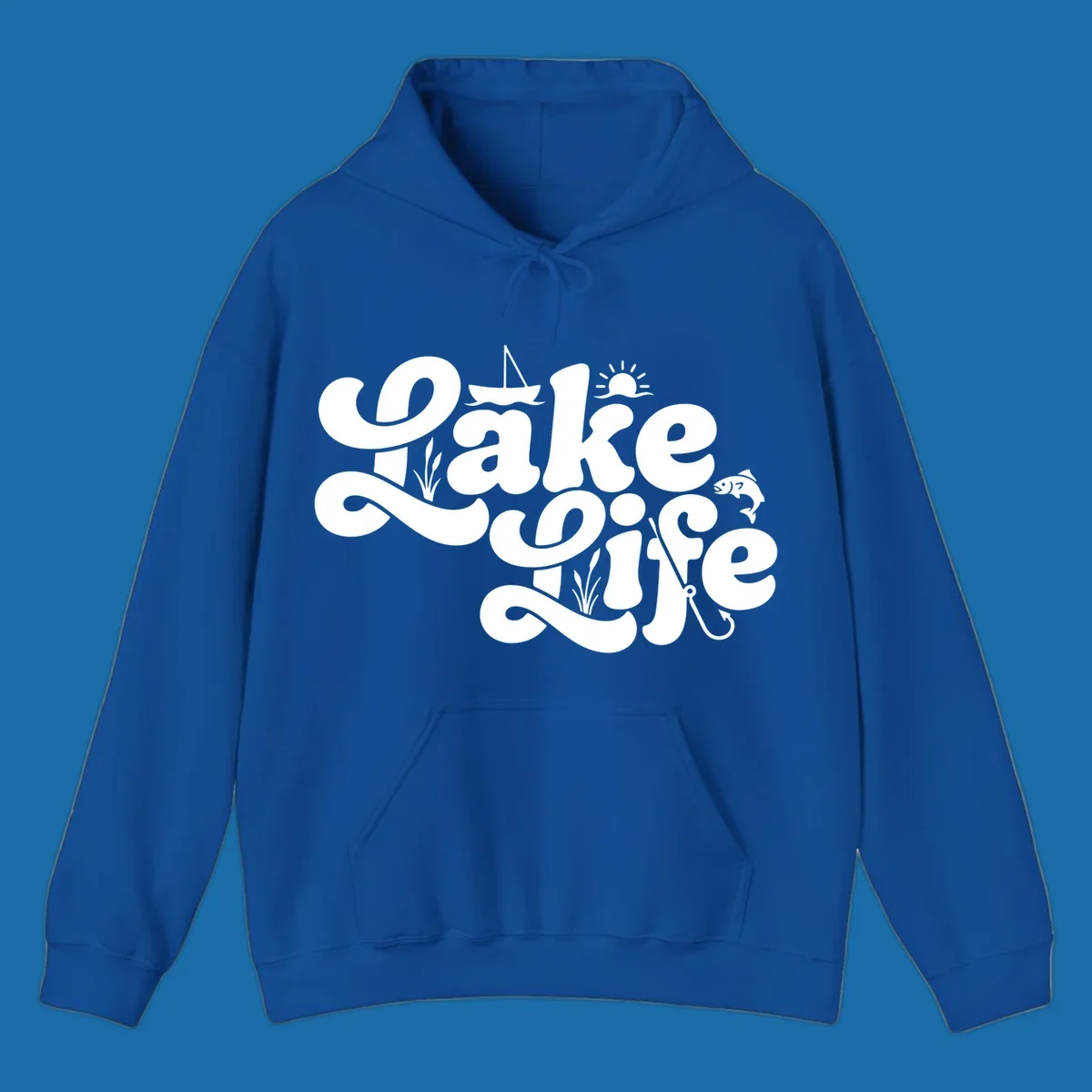 Retro Lake Life script design featuring a sailboat, sun, fish, and fishing hook.