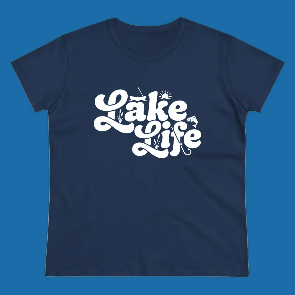 Retro Lake Life script design featuring a sailboat, sun, fish, and fishing hook.
