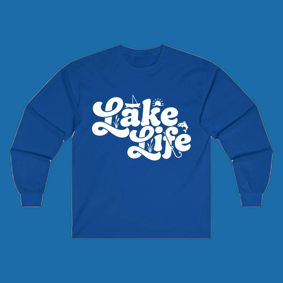 Retro Lake Life script design featuring a sailboat, sun, fish, and fishing hook.