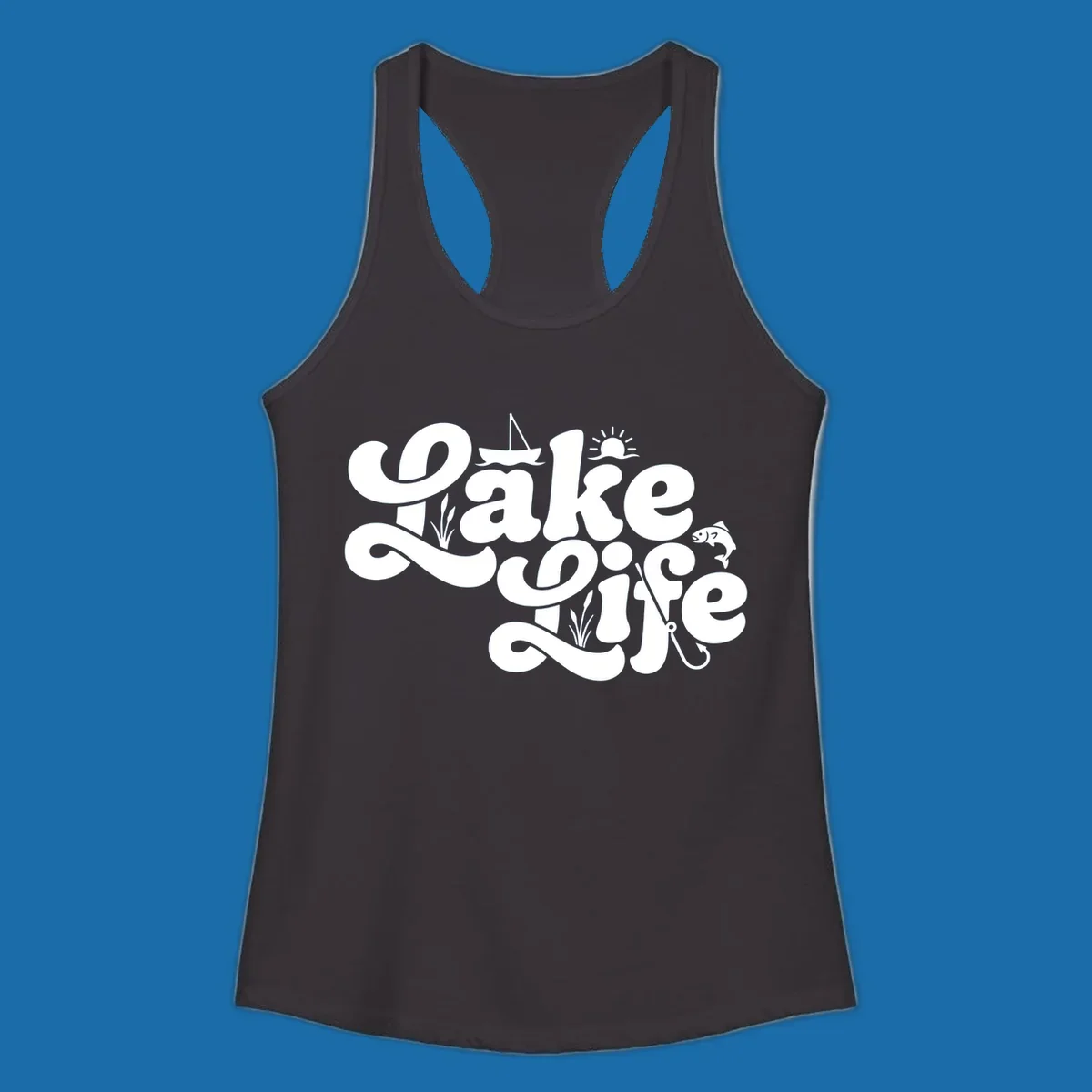 Retro Lake Life script design featuring a sailboat, sun, fish, and fishing hook.
