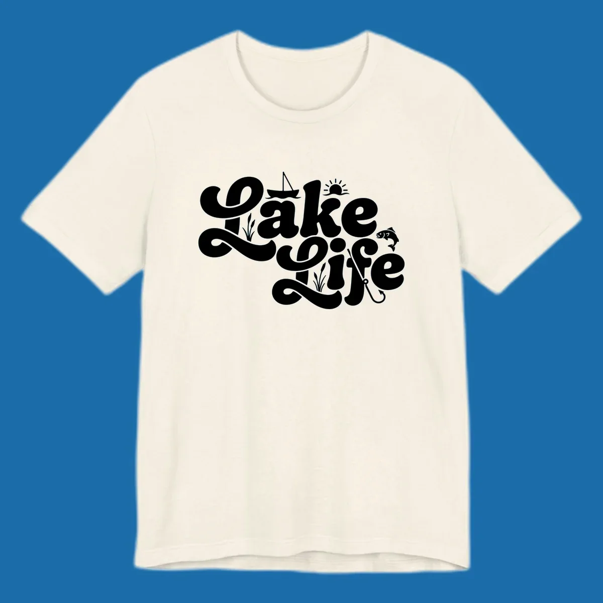 Retro Lake Life script design featuring a sailboat, sun, fish, and fishing hook.