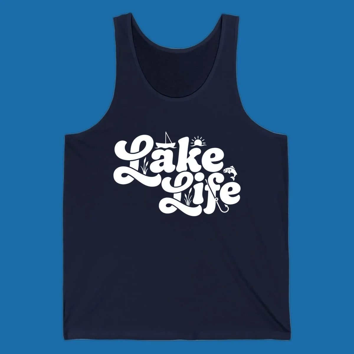Retro Lake Life script design featuring a sailboat, sun, fish, and fishing hook.