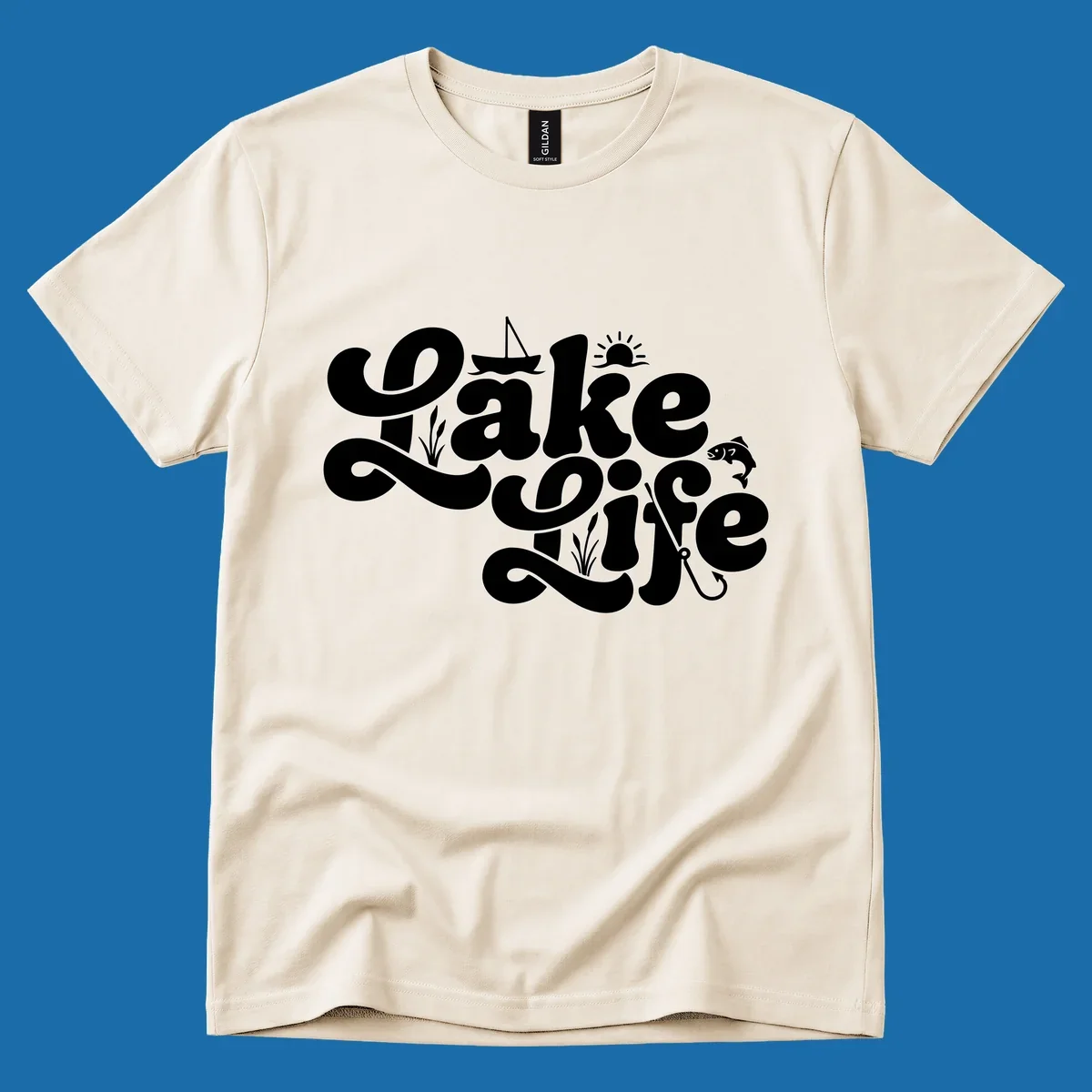 Retro Lake Life script design featuring a sailboat, sun, fish, and fishing hook.