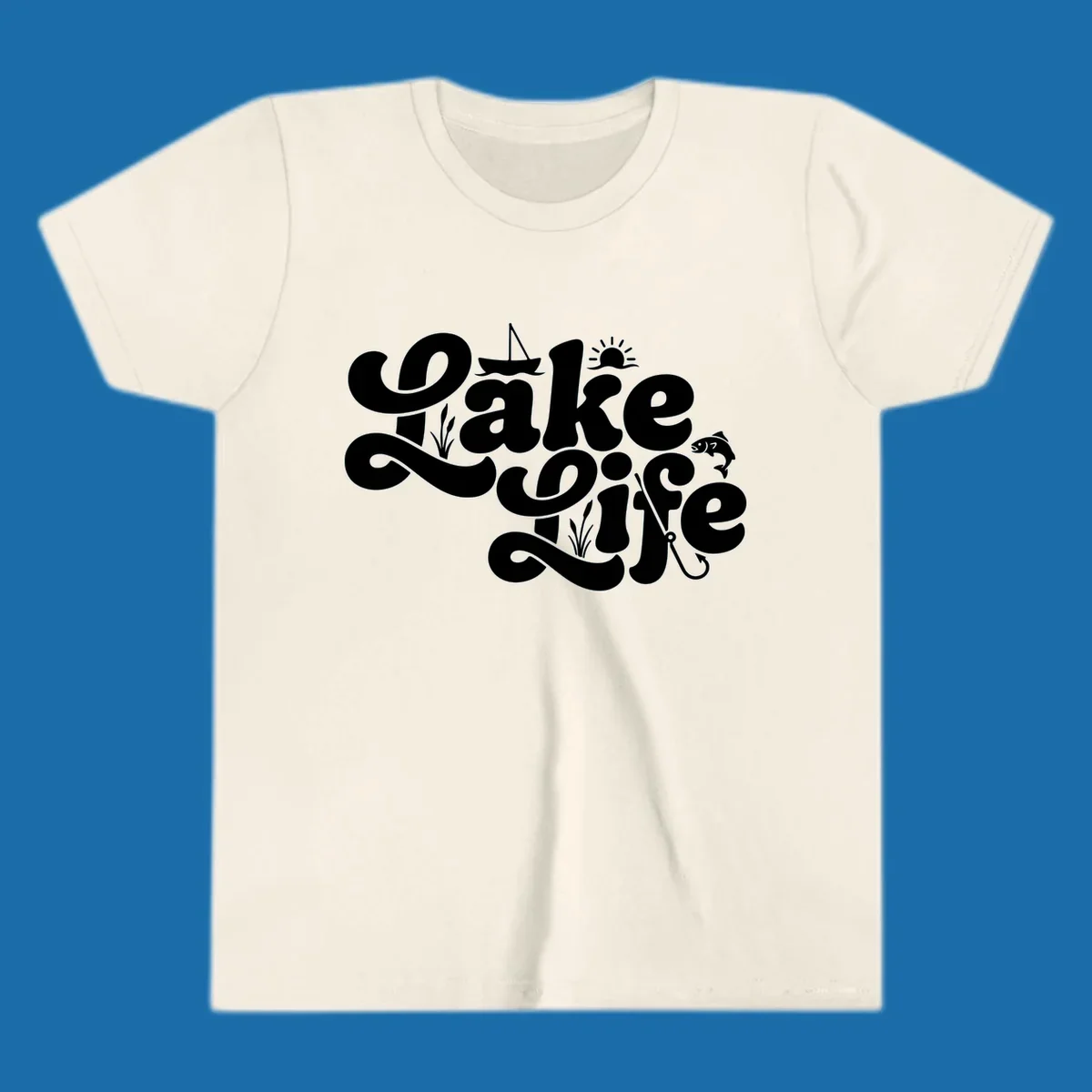 Retro Lake Life script design featuring a sailboat, sun, fish, and fishing hook.