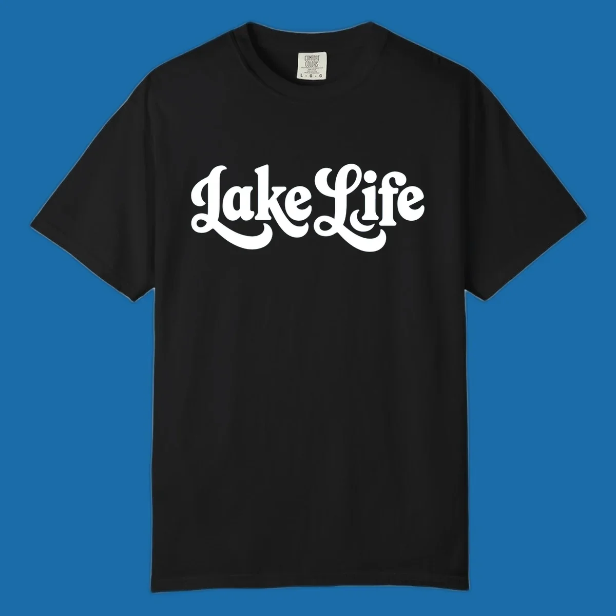 Retro "Lake Life" script text design on black and white backgrounds.