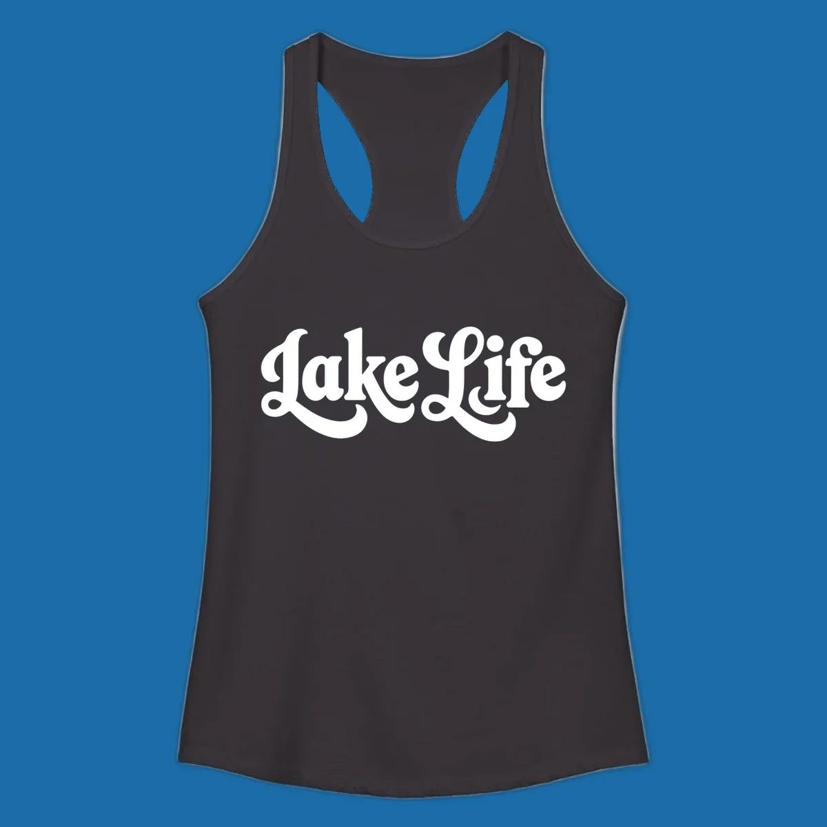 Retro "Lake Life" script text design on black and white backgrounds.