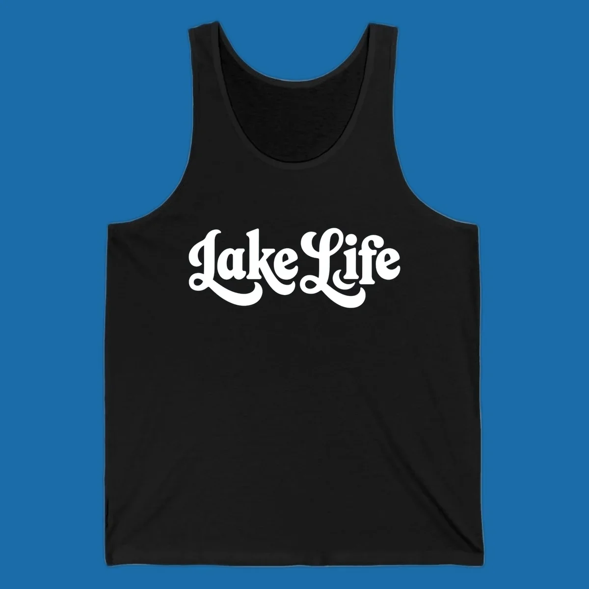 Retro "Lake Life" script text design on black and white backgrounds.