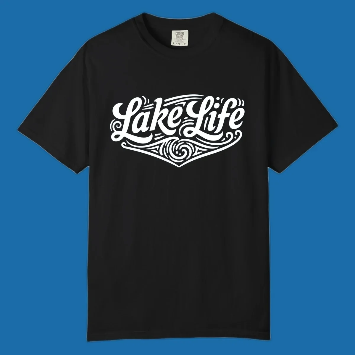 Lake Life typography design with decorative swirls and geometric patterns