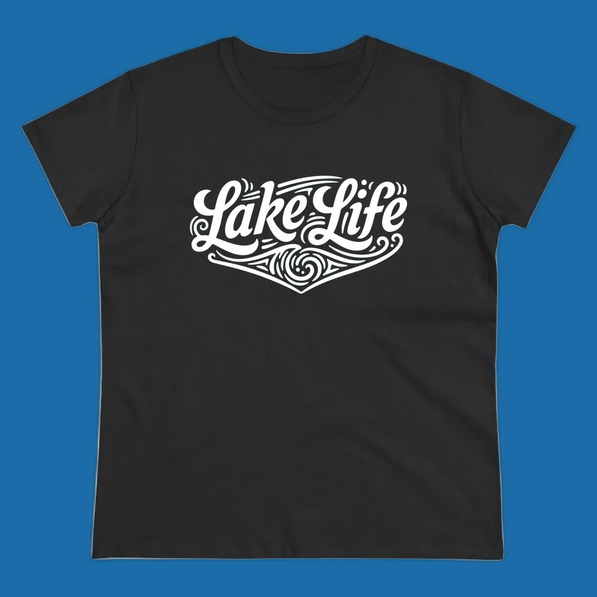Lake Life typography design with decorative swirls and geometric patterns