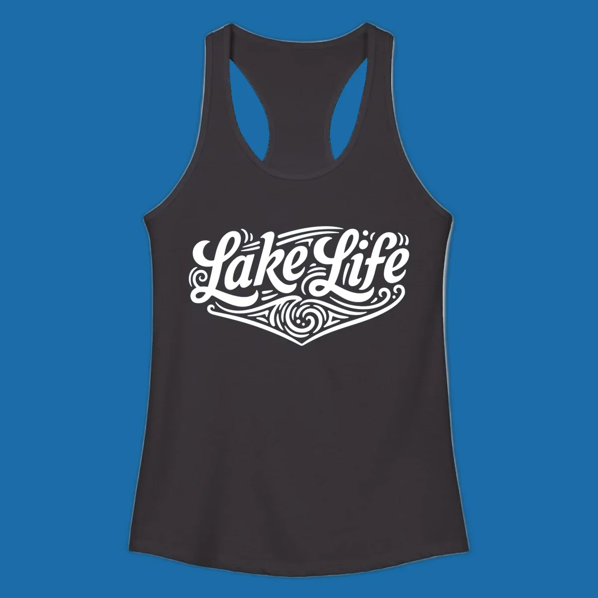Lake Life typography design with decorative swirls and geometric patterns