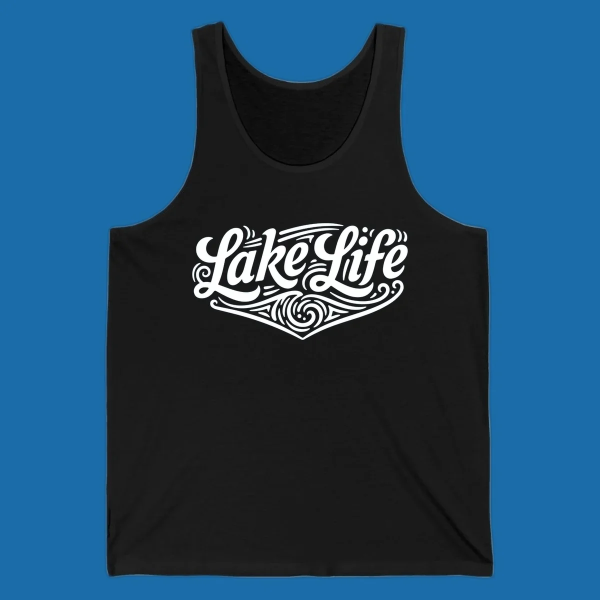 Lake Life typography design with decorative swirls and geometric patterns