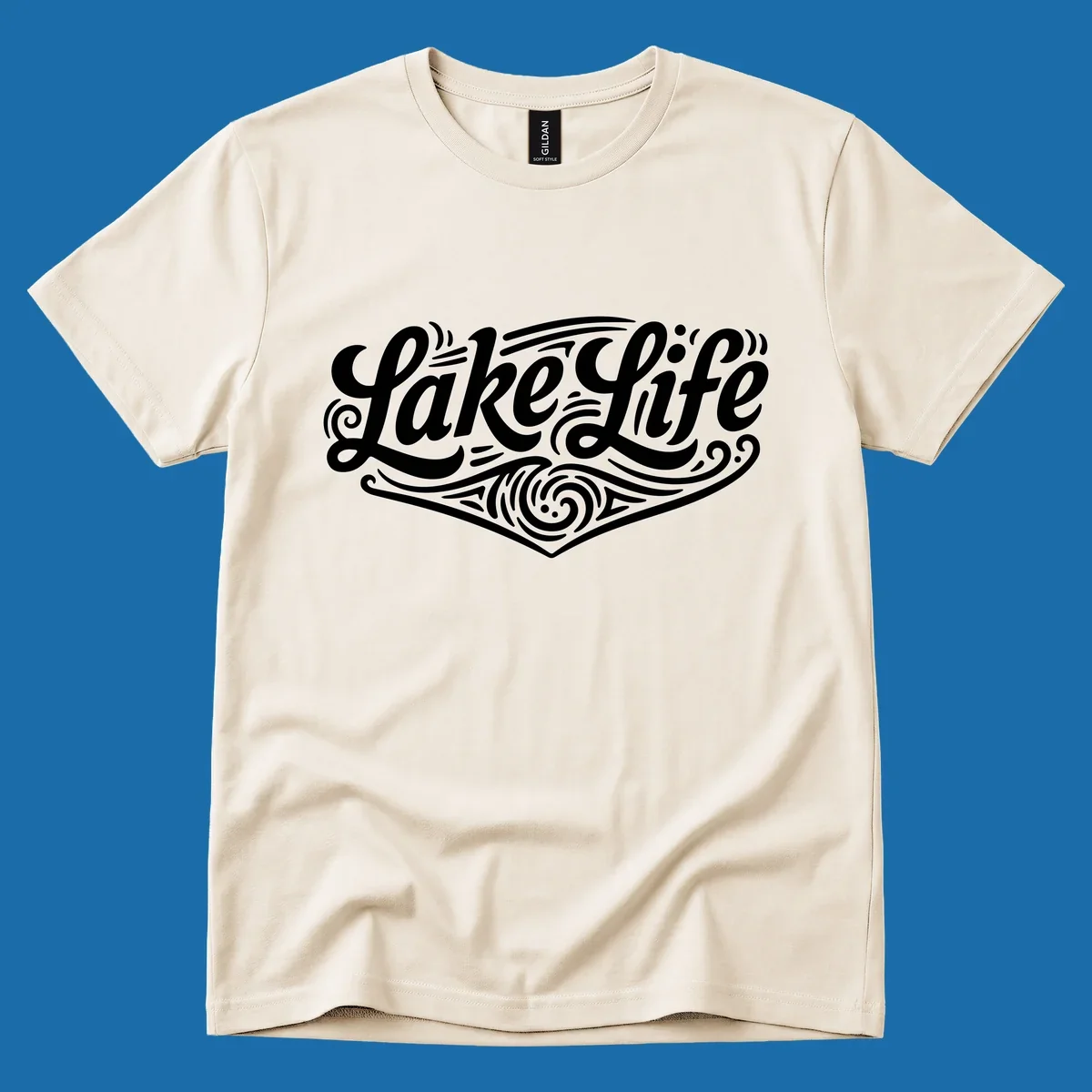 Lake Life typography design with decorative swirls and geometric patterns
