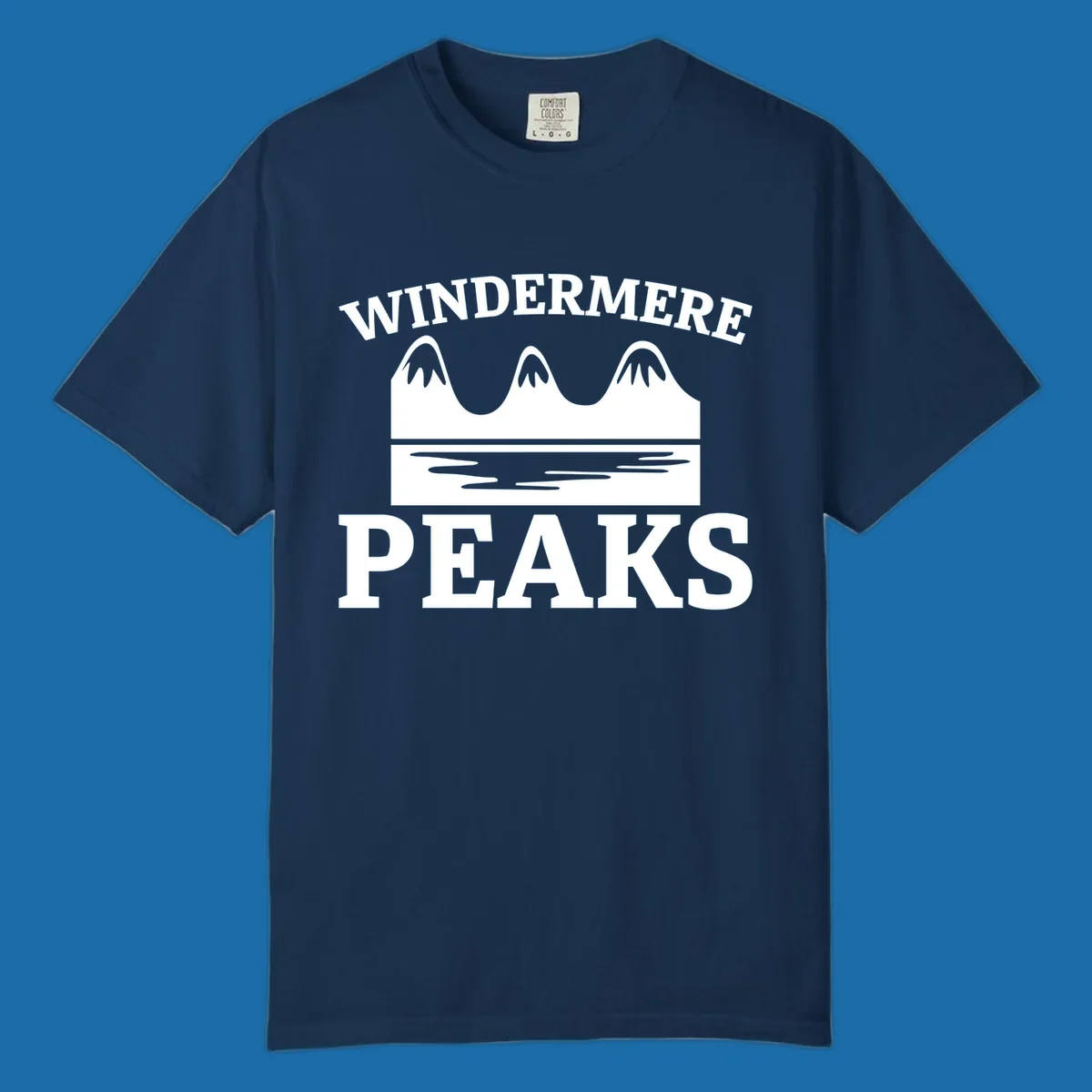 Windermere Peaks mountain and lake graphic with text.