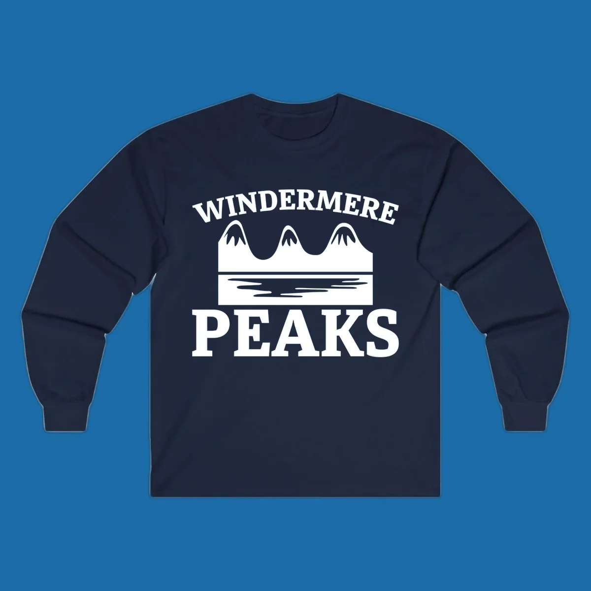 Windermere Peaks mountain and lake graphic with text.