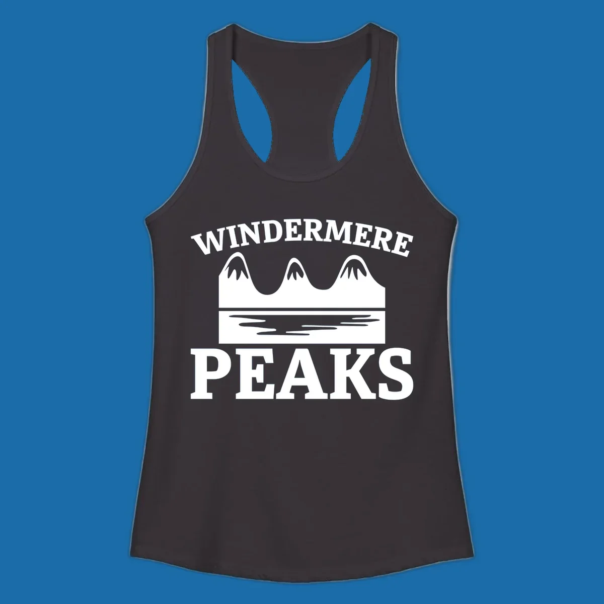 Windermere Peaks mountain and lake graphic with text.