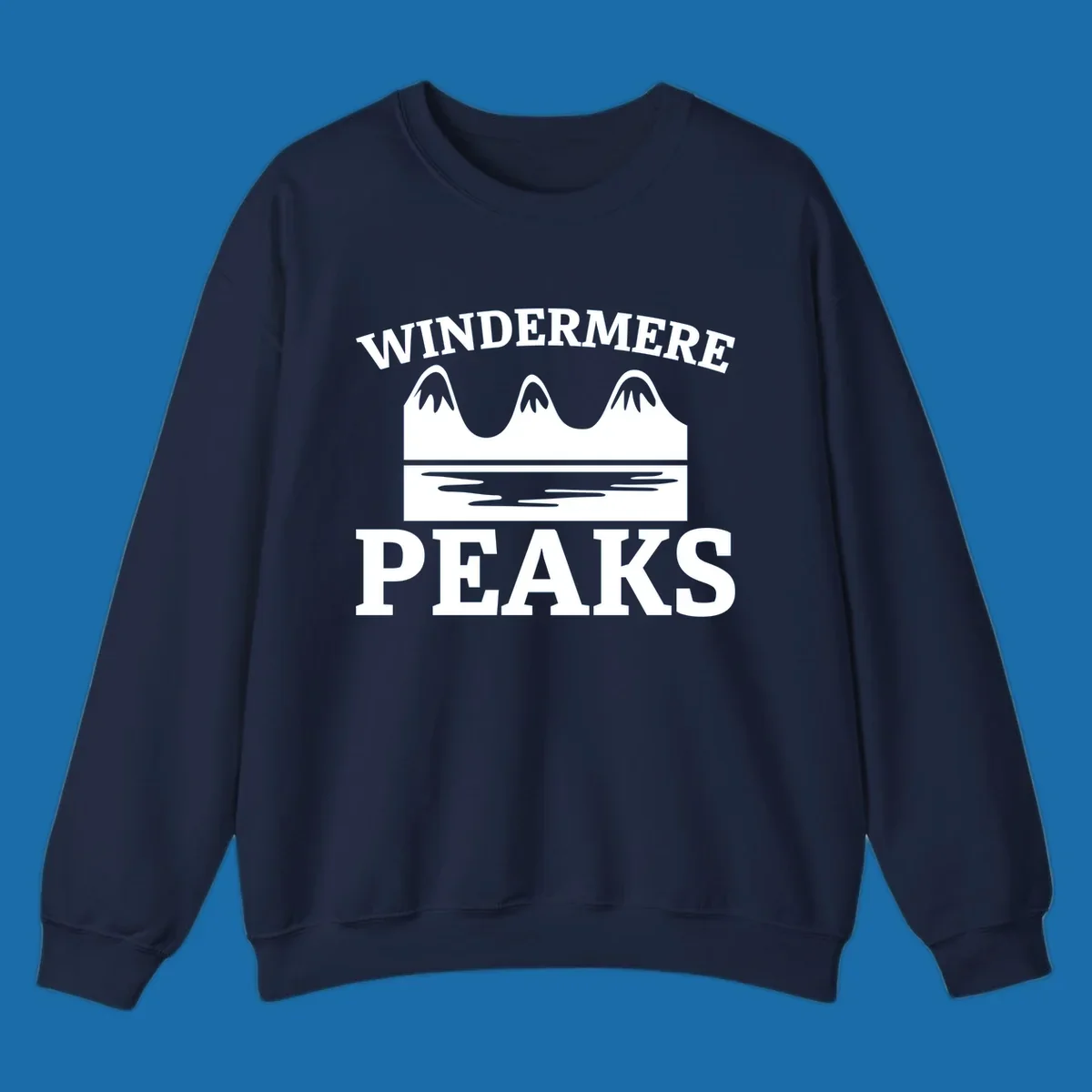 Windermere Peaks mountain and lake graphic with text.