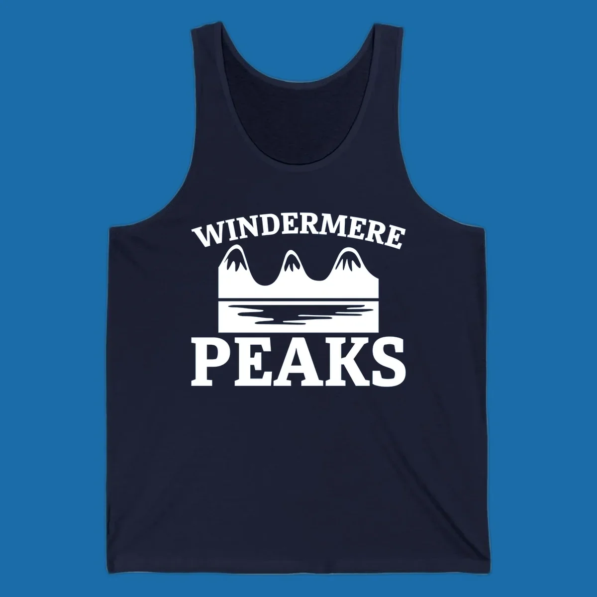 Windermere Peaks mountain and lake graphic with text.
