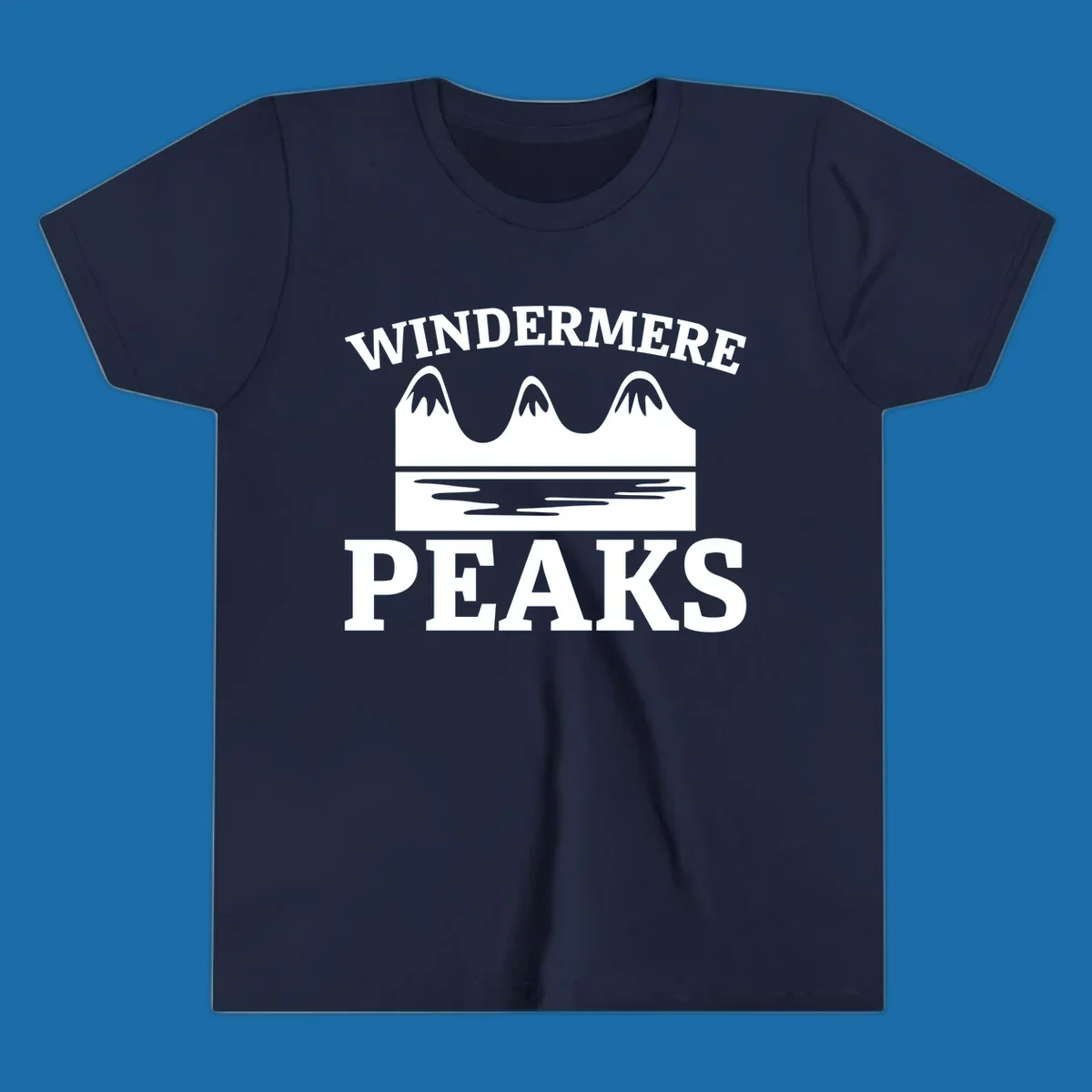 Windermere Peaks mountain and lake graphic with text.
