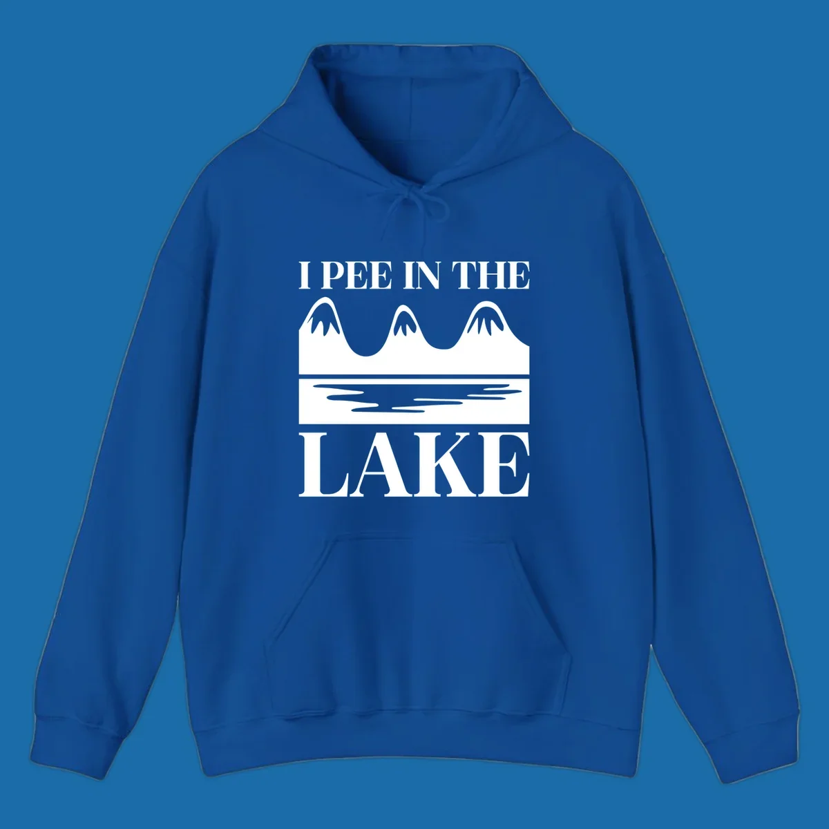 Text 'I Pee In The Lake' with graphic of mountains and lake