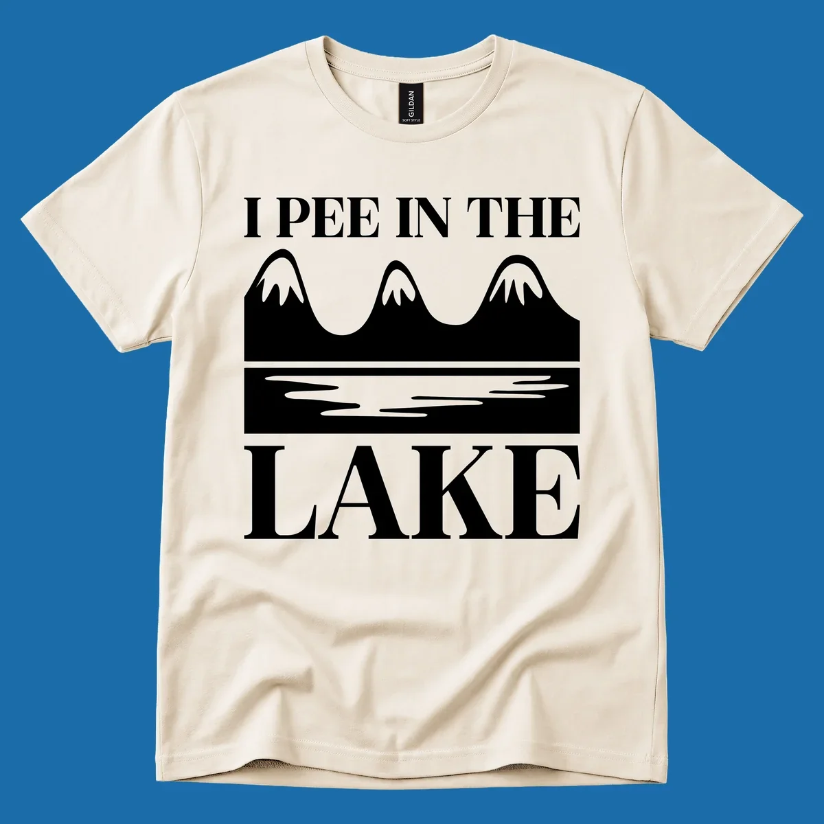 Text 'I Pee In The Lake' with graphic of mountains and lake