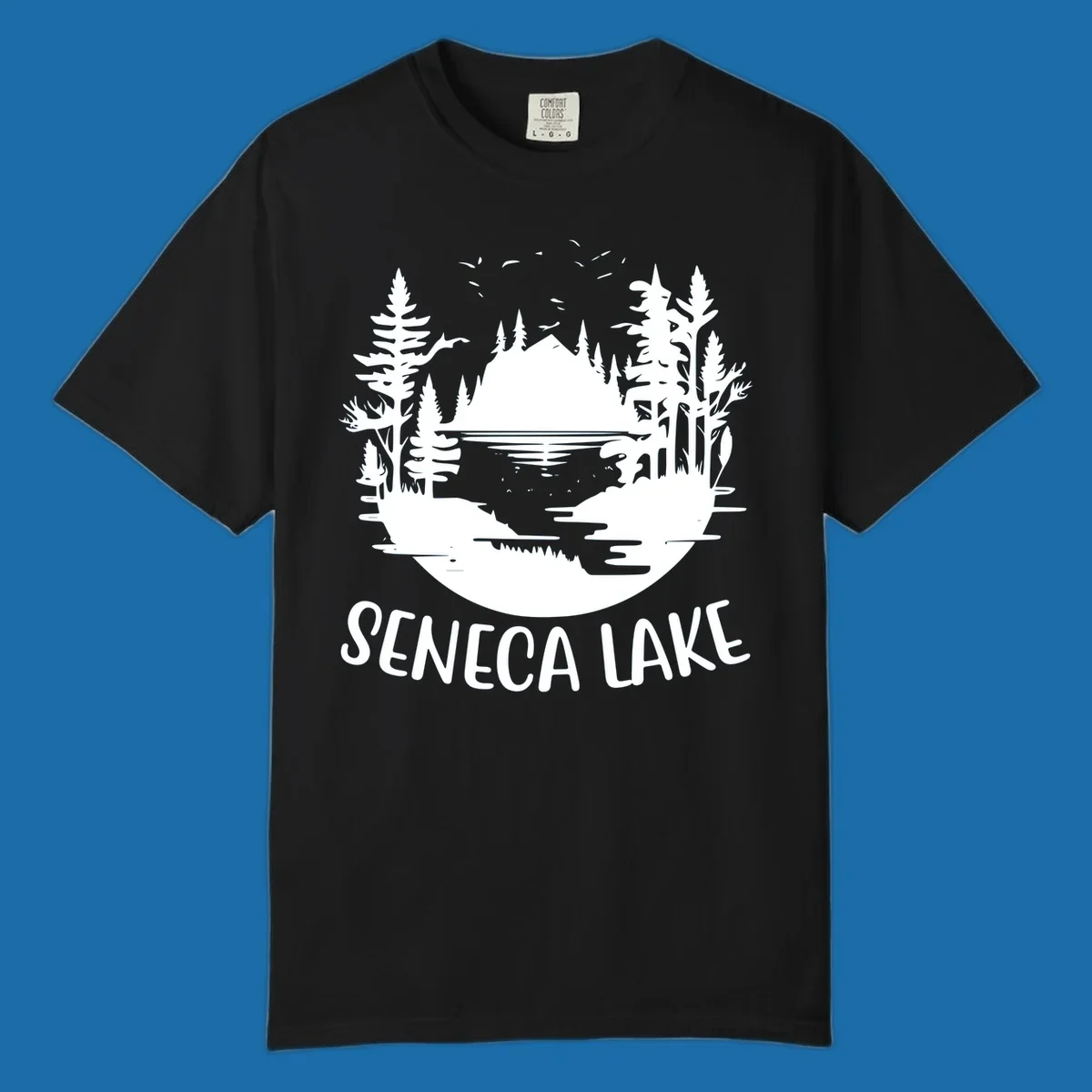 Seneca Lake scenic vista with mountains, trees, and text.