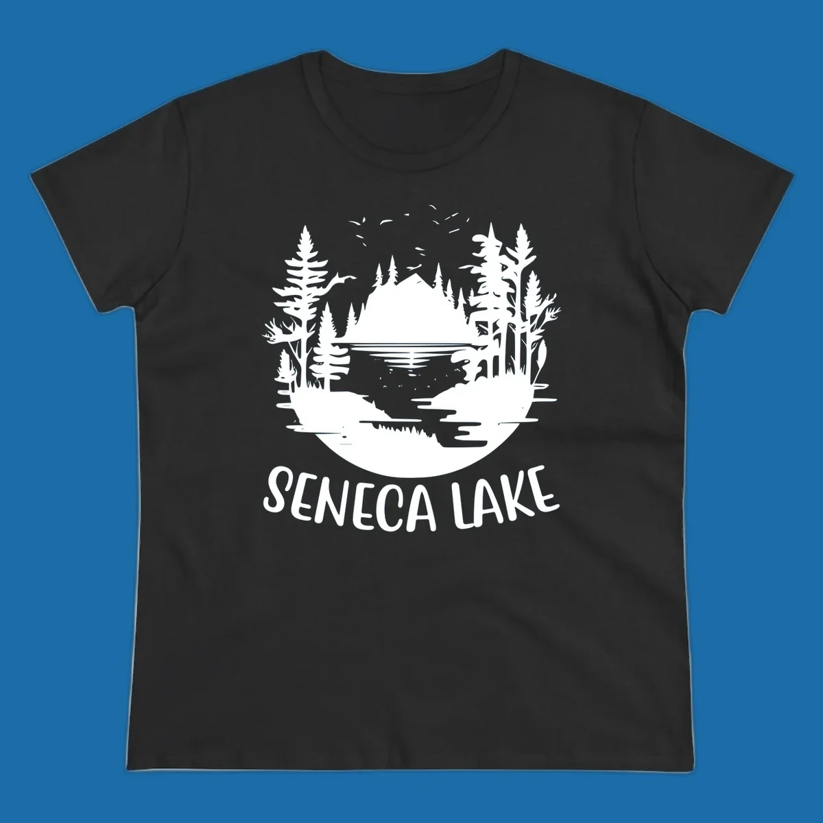 Seneca Lake scenic vista with mountains, trees, and text.