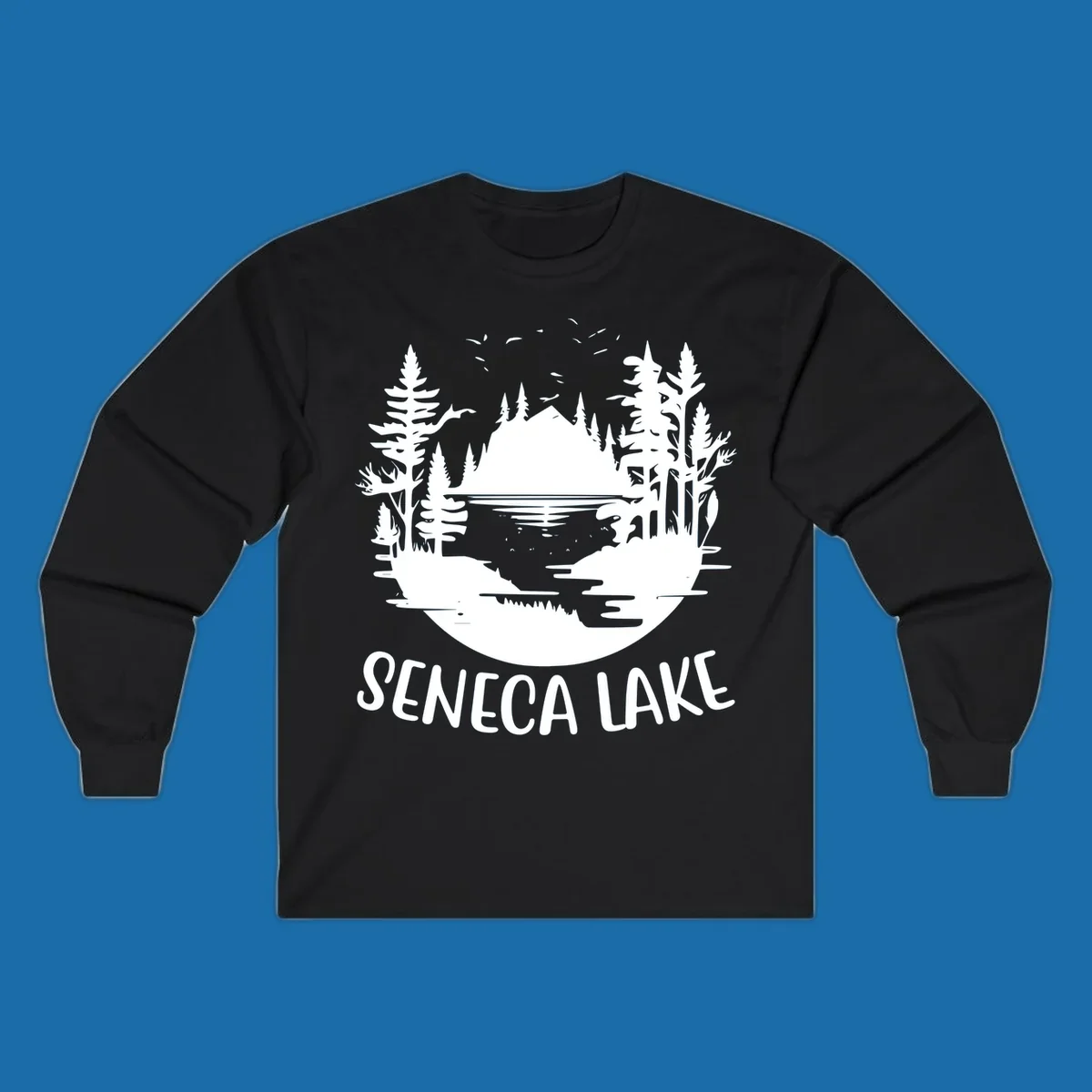 Seneca Lake scenic vista with mountains, trees, and text.