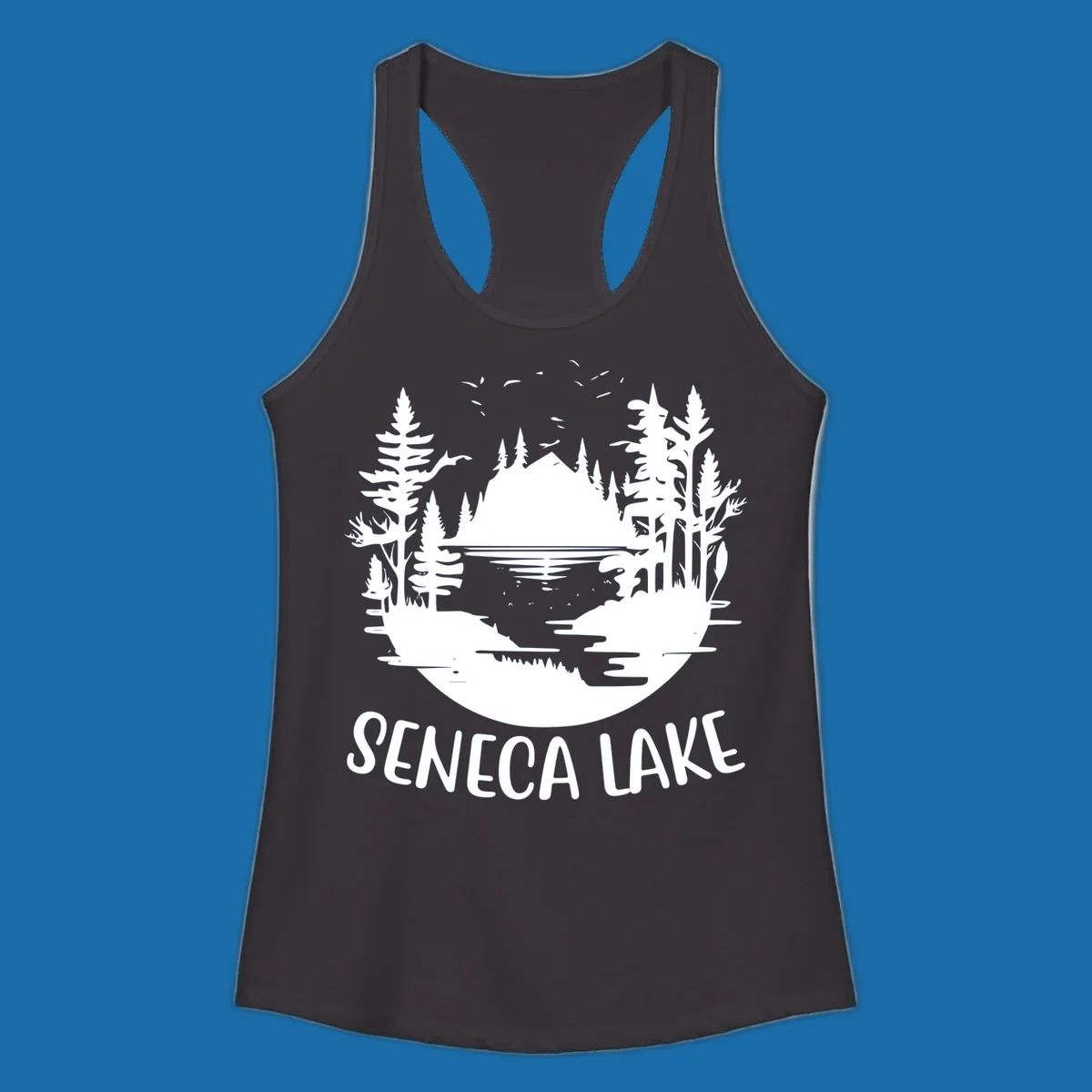 Seneca Lake scenic vista with mountains, trees, and text.