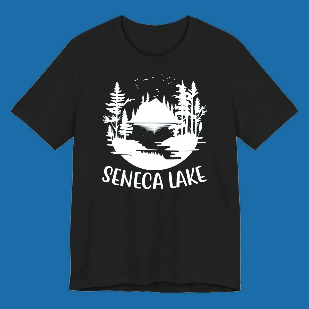 Seneca Lake scenic vista with mountains, trees, and text.