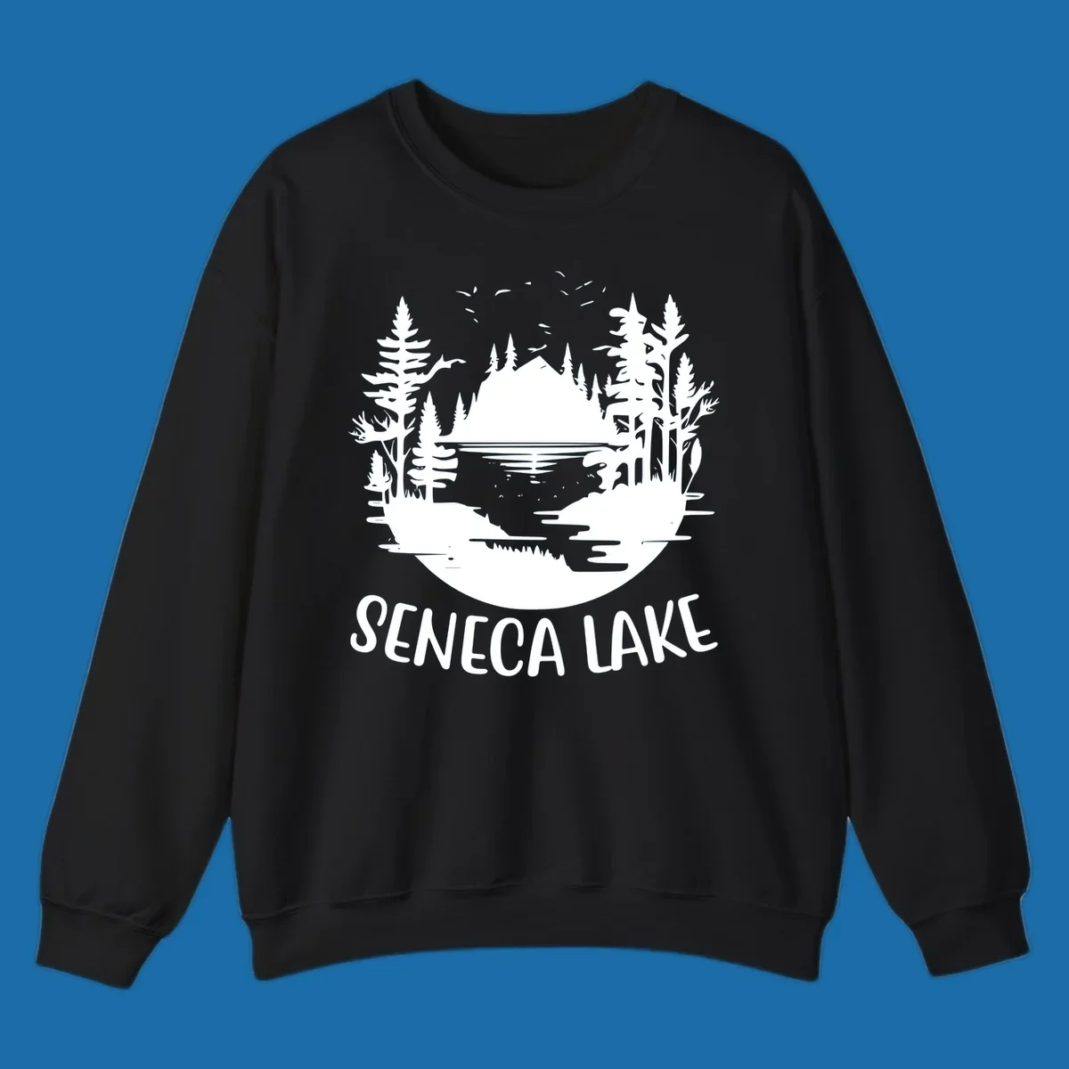 Seneca Lake scenic vista with mountains, trees, and text.