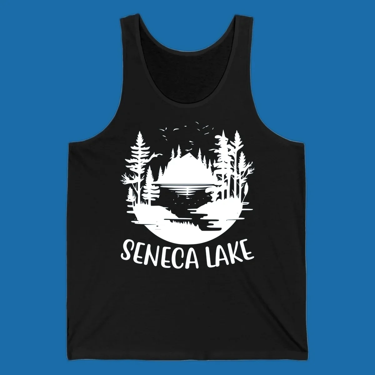 Seneca Lake scenic vista with mountains, trees, and text.
