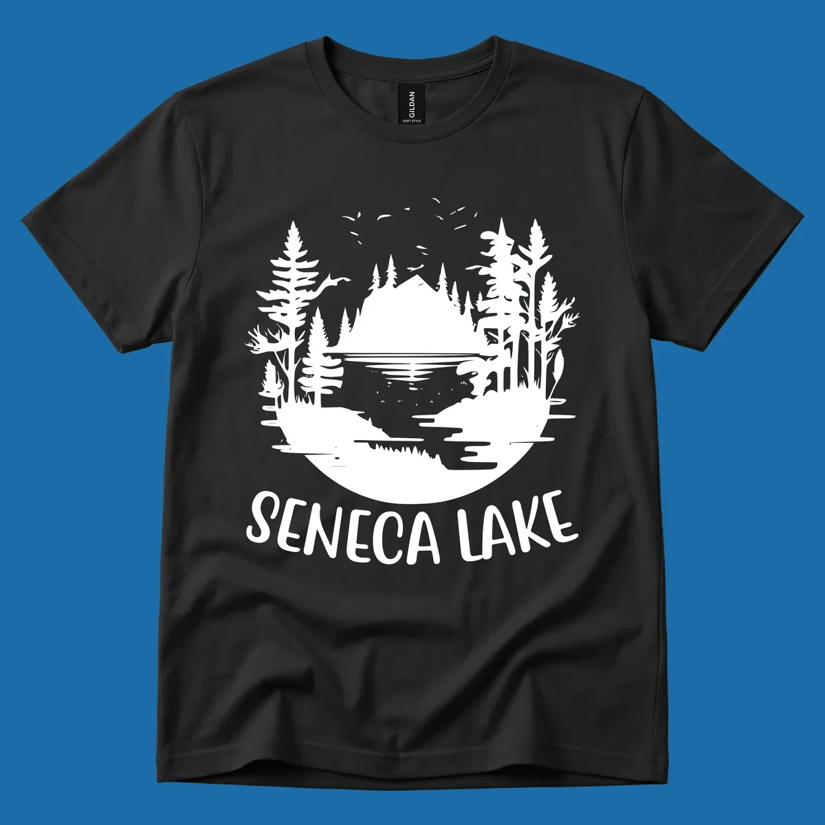 Seneca Lake scenic vista with mountains, trees, and text.