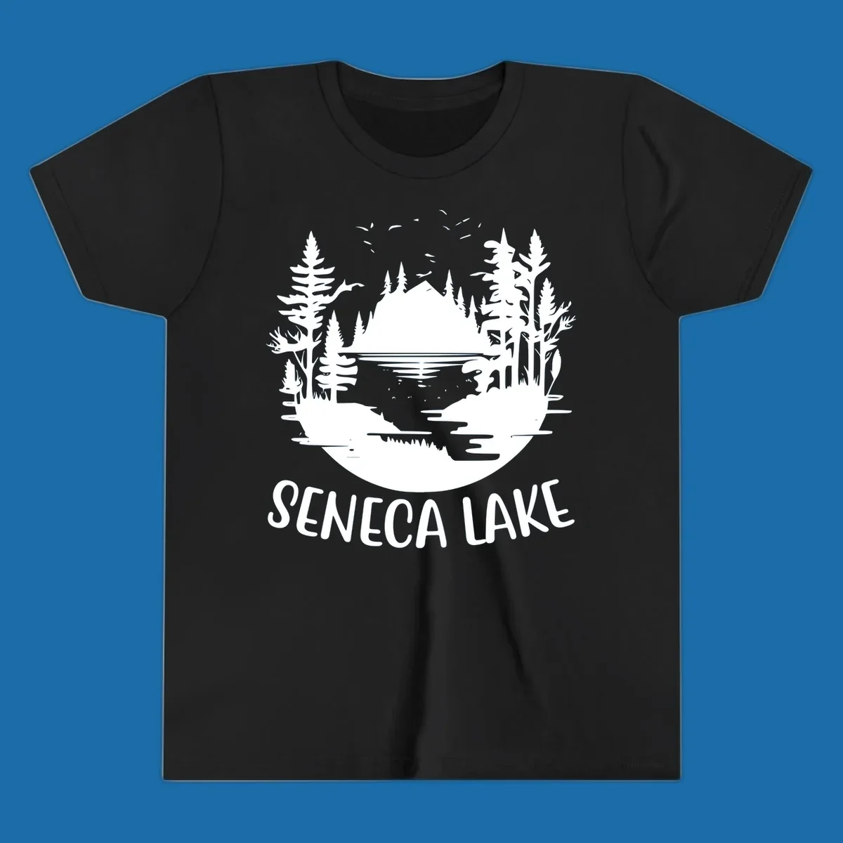 Seneca Lake scenic vista with mountains, trees, and text.