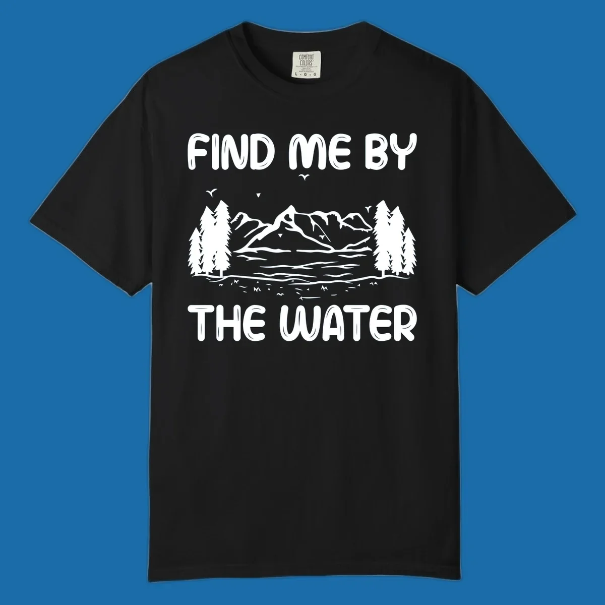 Find me by the water mountain lake scene illustration
