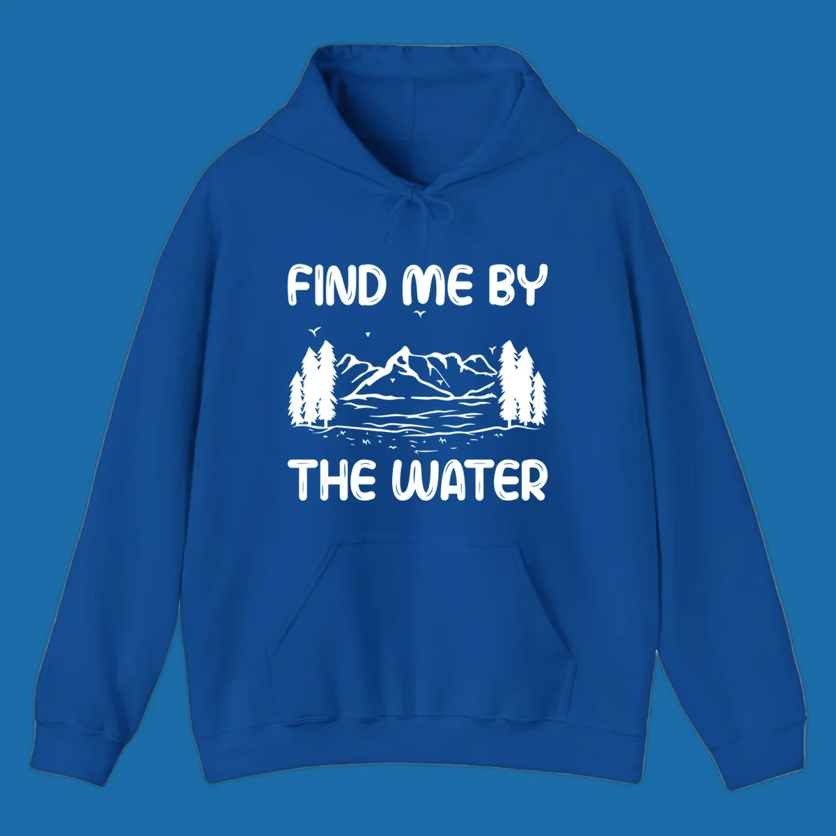 Find me by the water mountain lake scene illustration