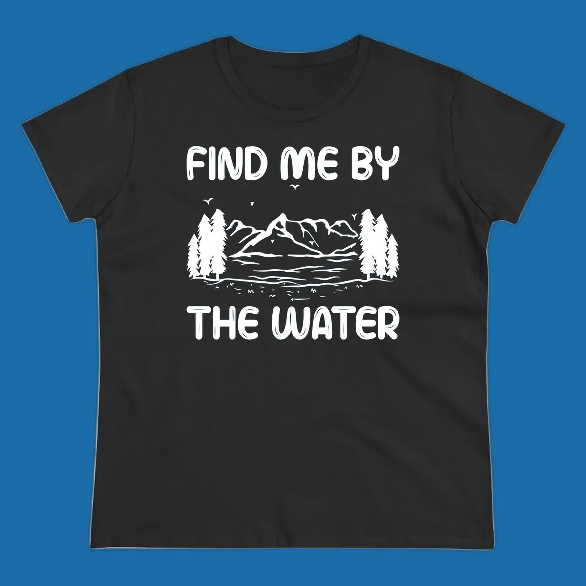 Find me by the water mountain lake scene illustration