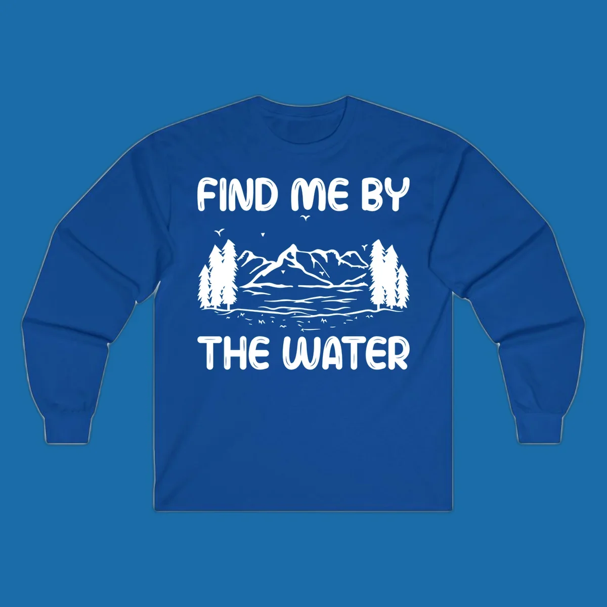Find me by the water mountain lake scene illustration