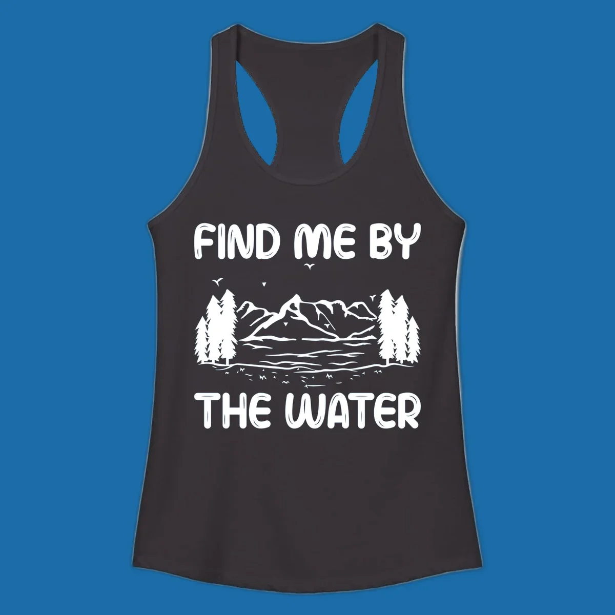 Find me by the water mountain lake scene illustration