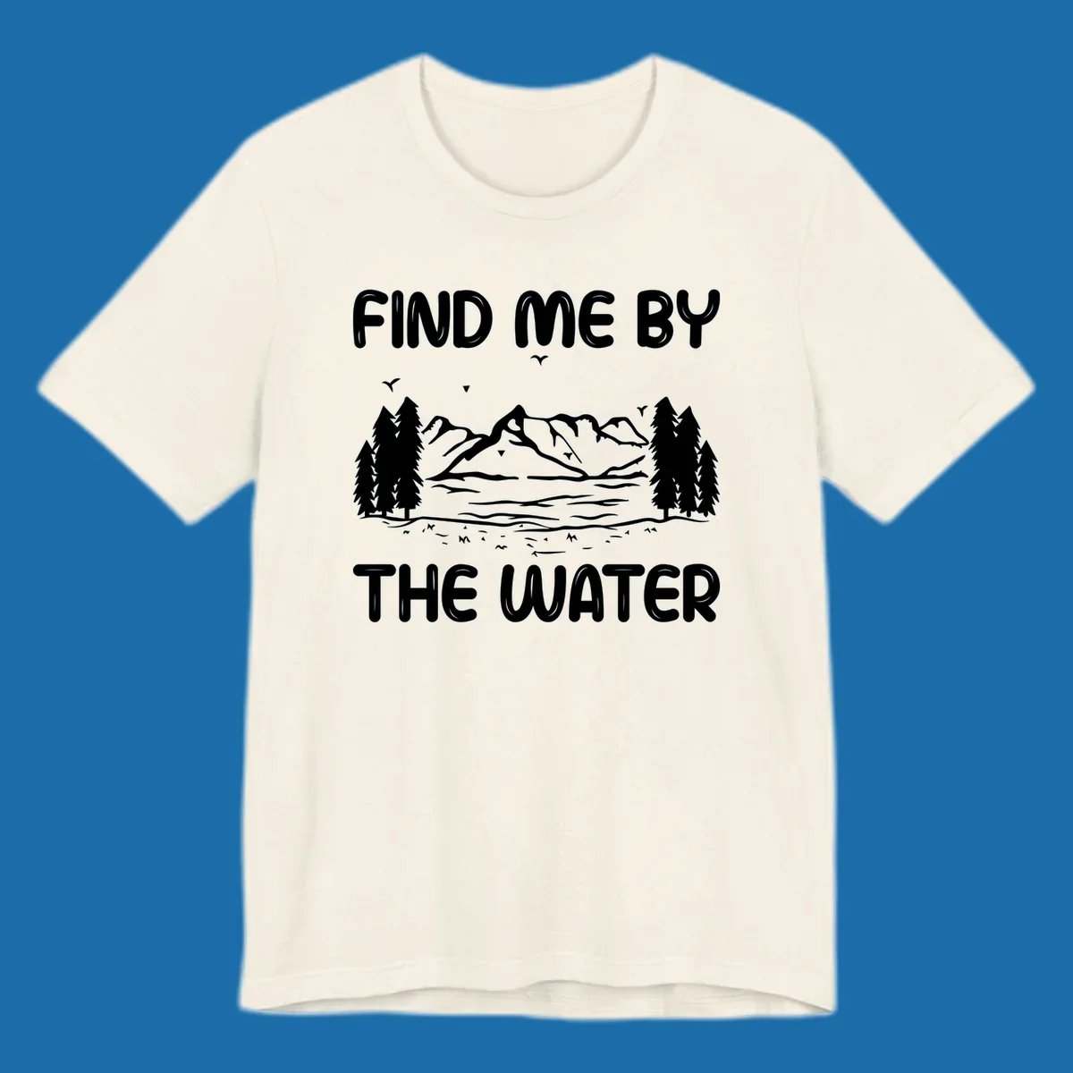 Find me by the water mountain lake scene illustration