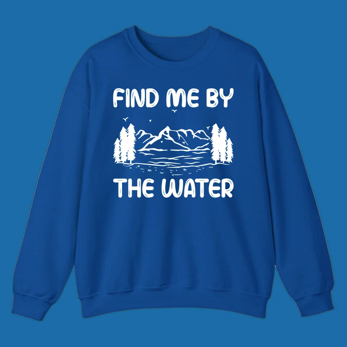 Find me by the water mountain lake scene illustration